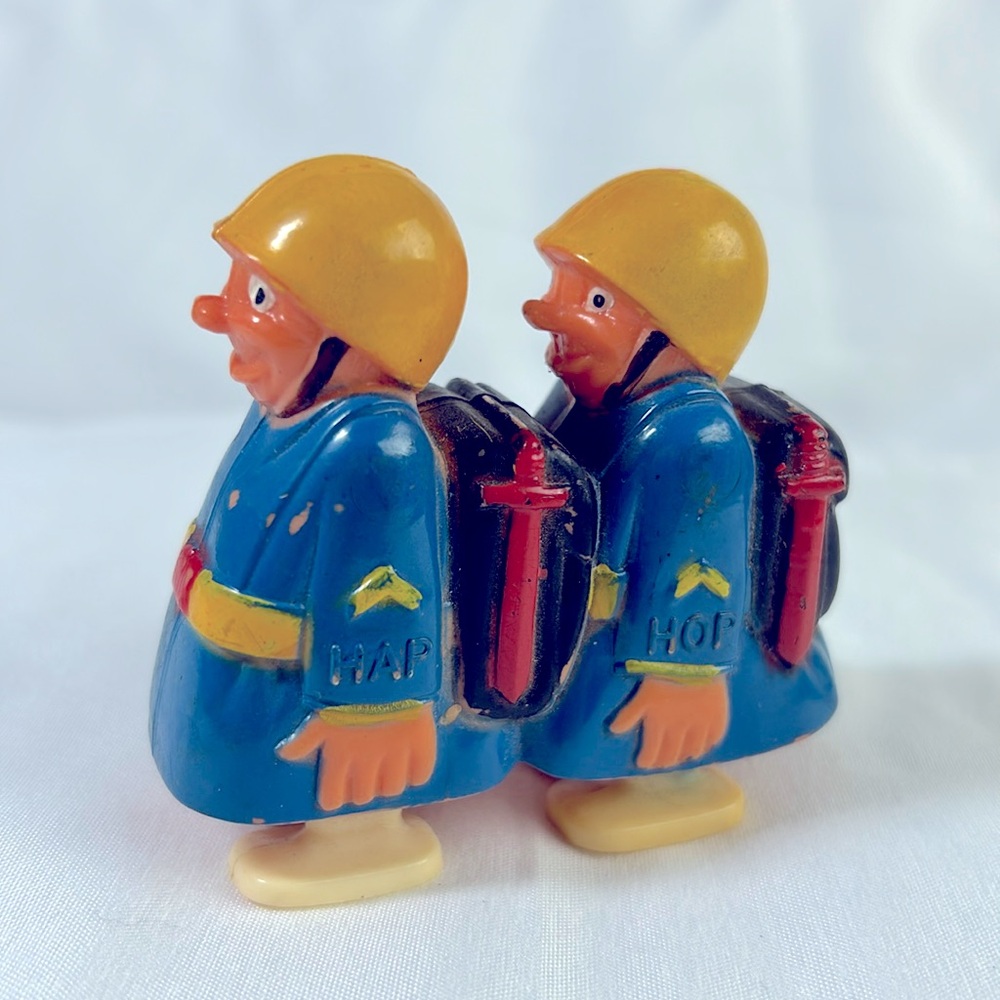 1960s MARX Ramp Walker Hap & Hop Toy Marching Double Soldiers Blue Yellow Vintg